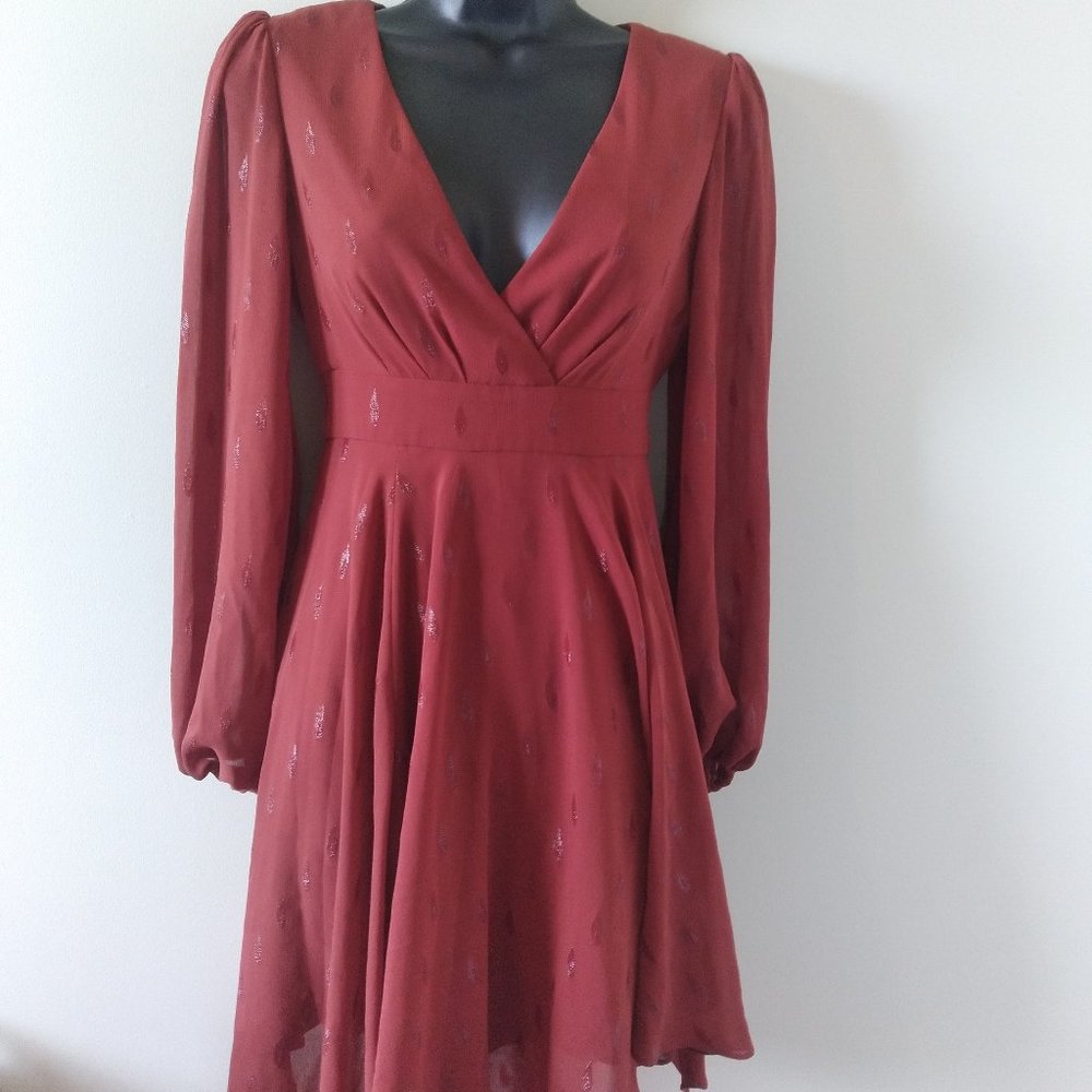 Beautiful Dress by Ever New, Burnt Orange with Leaf Design.